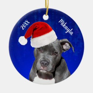 Grey Pit Bull with Santa Hat Christmas Ceramic Orn Ornament