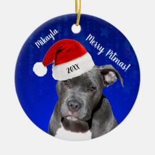 Grey Pit Bull with Santa Hat Merry Pitmas Ceramic Ornament