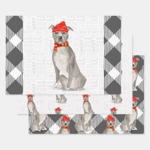 Grey Pitbull Staffordishire Christmas Dog Plaid Wrapping Paper Sheets