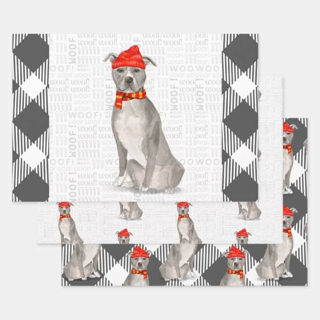 Grey Pitbull Staffordishire Christmas Dog Plaid Wrapping Paper Sheets (Set)
