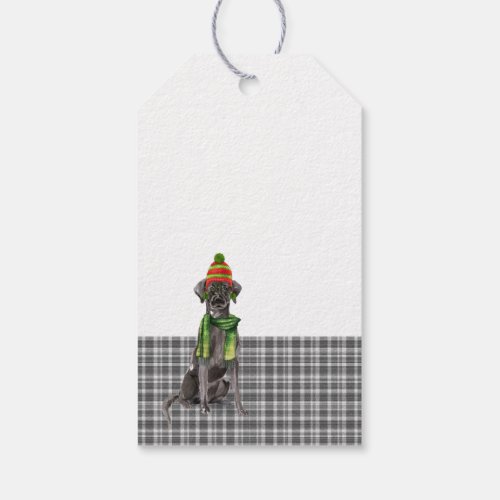 Grey Plaid and a Cute Black Labrador Dog Christmas Gift Tags