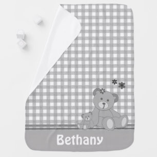 Grey Plaid and Cute Teddy Bears Personalised Baby Blanket
