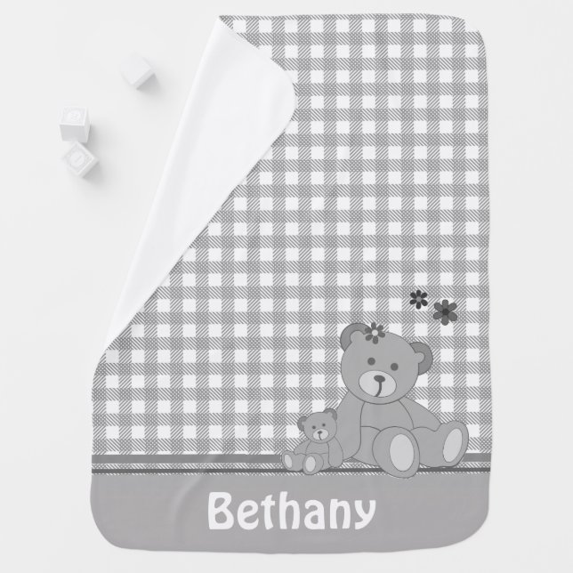 Grey Plaid and Cute Teddy Bears Personalised Baby Blanket (In Situ)