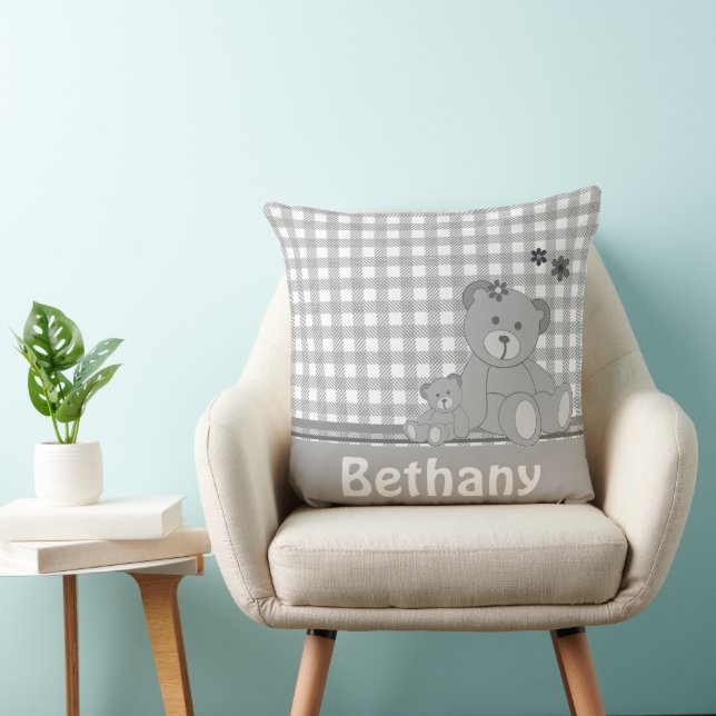 Grey Plaid and Cute Teddy Bears Personalised Throw Pillow (Chair)