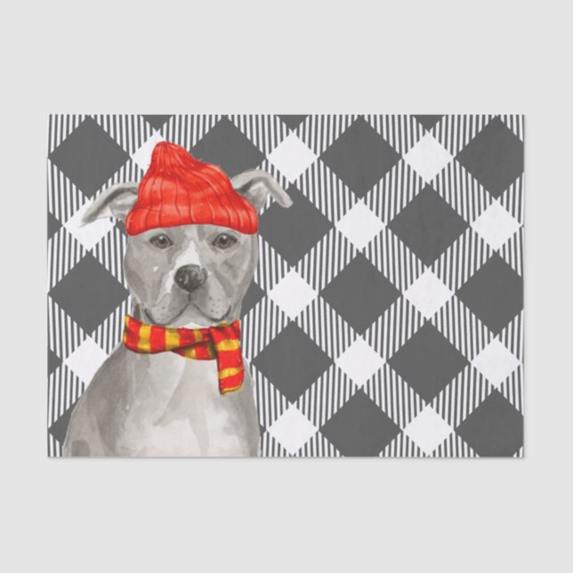 Grey Plaid and Grey Pit Bull Christmas Tissue Paper (Front)