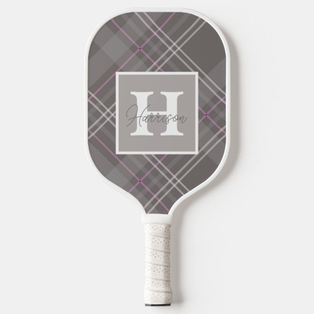 Grey Plaid Monogram Name Customizable  Pickleball Paddle (Front)
