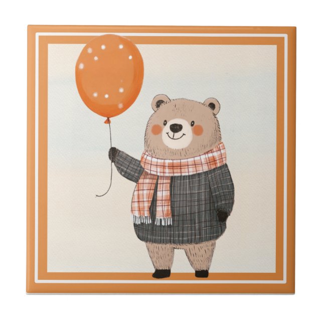 Grey Plaid Sweater Bear with Orange Plaid Scarf Ceramic Tile (Front)