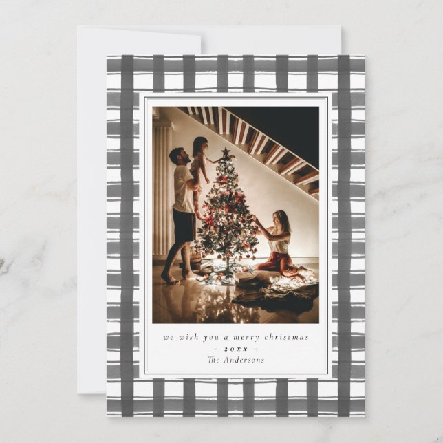 Grey Plaid Watercolor Flannel Family Photo Holiday Card (Front)
