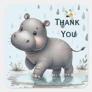 Grey Playful Hippo Thank You Square Sticker