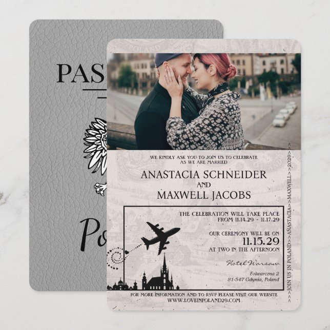Grey Poland Passport Wedding Invitation (Front/Back)