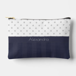 Grey Polka Dot and Blue Stripes with Name Accessory Pouch