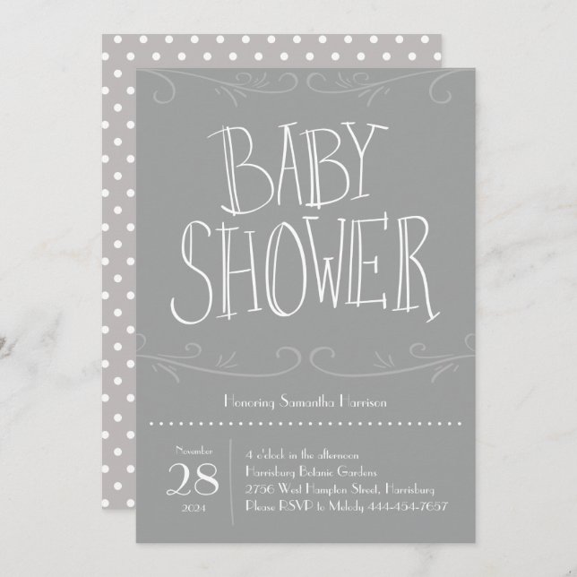 Grey Polka Dot Baby Shower Gray Modern Invitation (Front/Back)