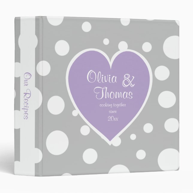Grey Polka Dot Pattern and Heart Purple 3 Ring Binder (Front/Spine)