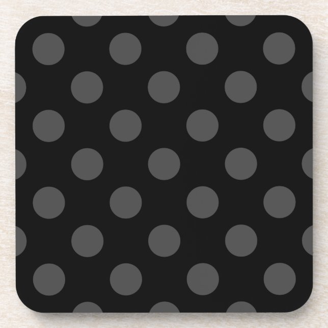 Grey polka dots on black drink coaster (Front)