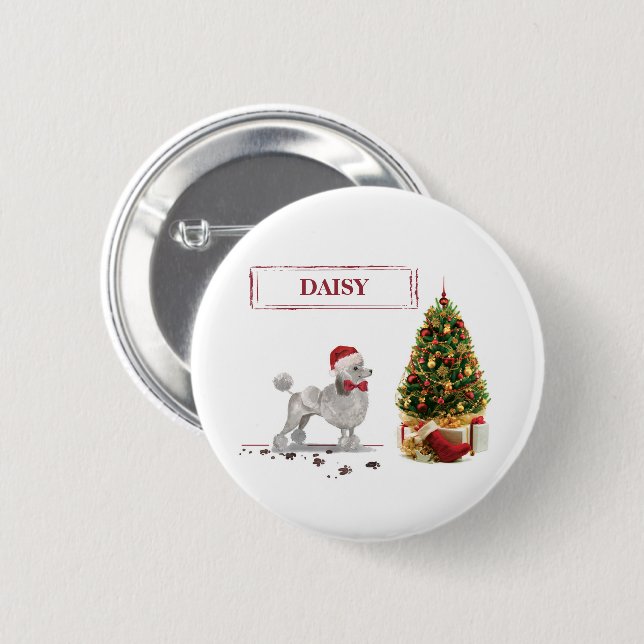 Grey Poodle Funny Christmas Dog with Tree Button (Front & Back)