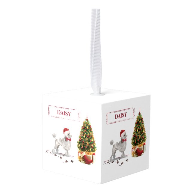 Grey Poodle Funny Christmas Dog with Tree Cube Ornament (Back Angled)