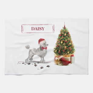 Grey Poodle Funny Christmas Dog with Tree Kitchen Towel