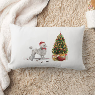 Grey Poodle Funny Christmas Dog with Tree Lumbar Pillow
