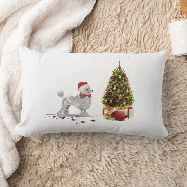 Grey Poodle Funny Christmas Dog with Tree Lumbar Pillow (Blanket)