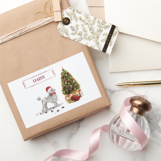 Grey Poodle Funny Christmas Dog with Tree Rectangular Sticker (Gifting)