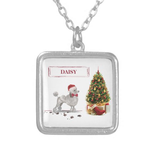 Grey Poodle Funny Christmas Dog with Tree Silver Plated Necklace