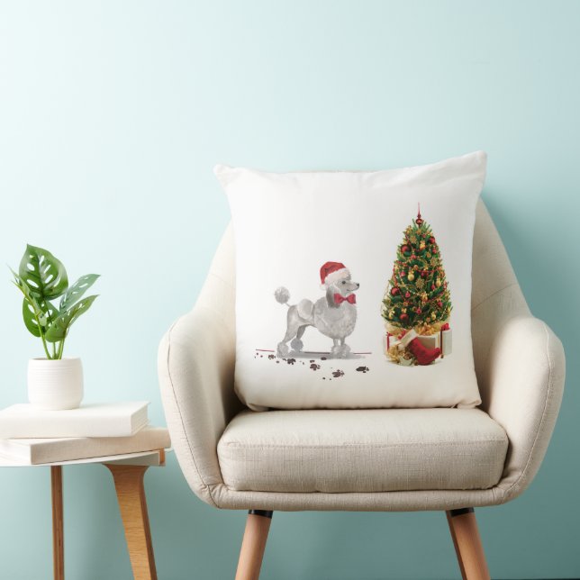Grey Poodle Funny Christmas Dog with Tree Throw Pillow (Chair)