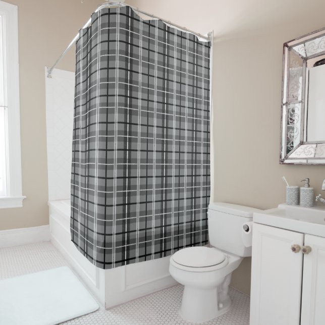 Grey Primitive Plaid Stripes Shower Curtain (In Situ)