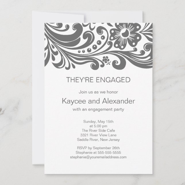 Grey Print Floral Swirls Engagement Invitations (Front)