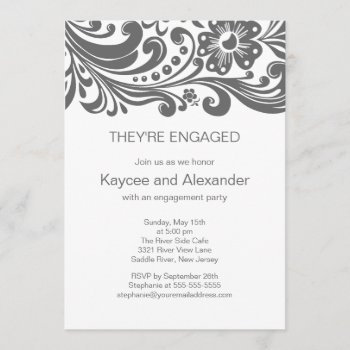 Grey Print Floral Swirls Engagement Invitations by celebrateitweddings at Zazzle