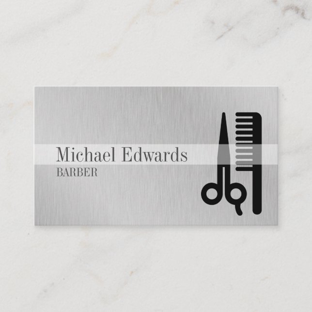 Grey Professional Barber Steel Modern Business Card (Front)