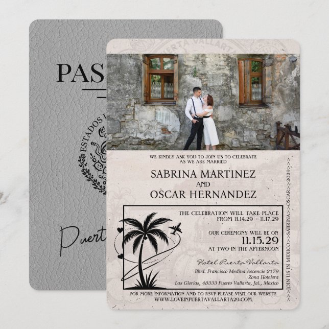 Grey Puerta Vallarta Passport Wedding Invitation (Front/Back)