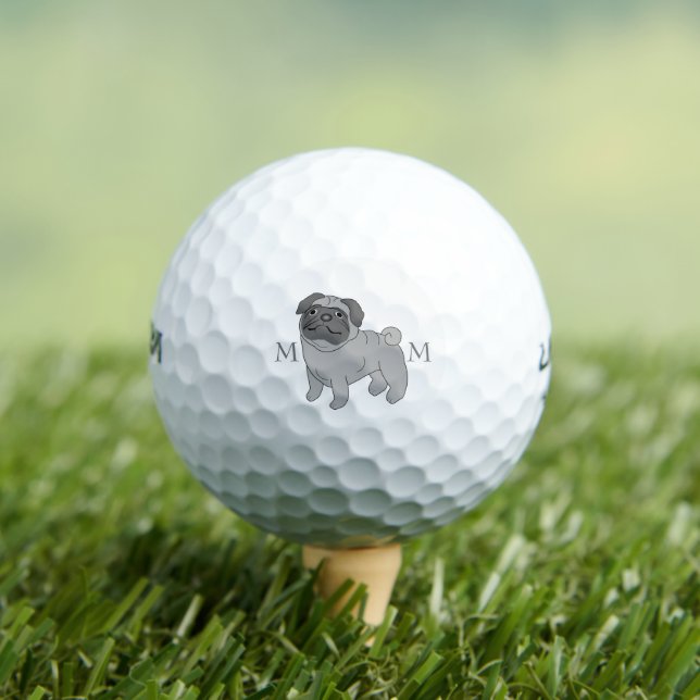 Grey Pug Dog Design Monogrammed Golf Balls (Insitu Tee)