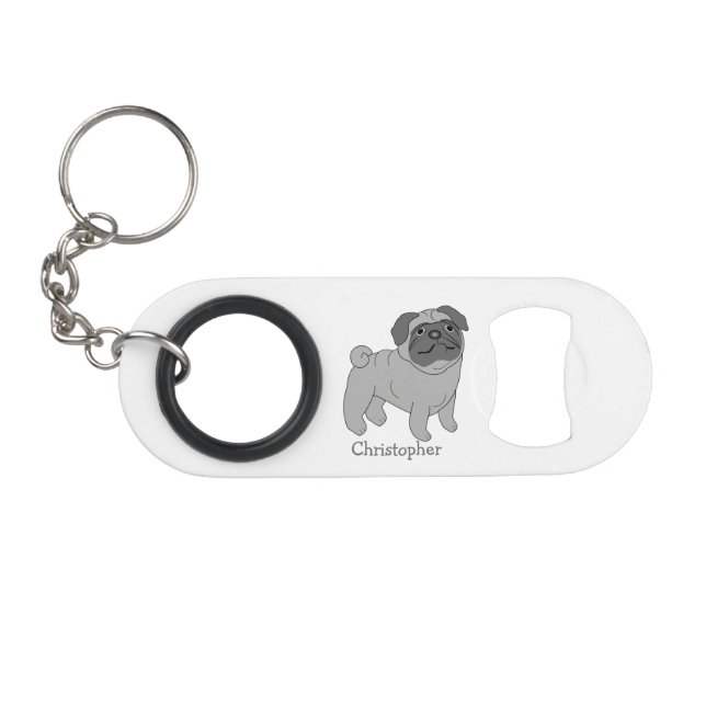 Grey Pug Dog Design Personalised Keychain Bottle Opener (Front (Horizontal))