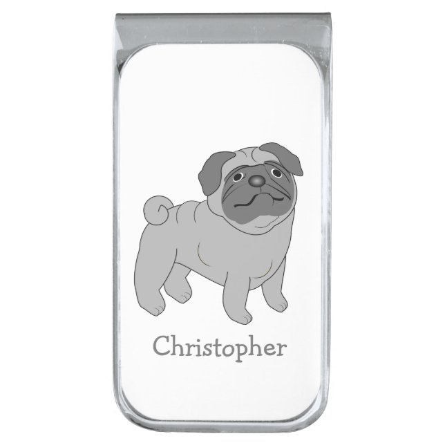 Grey Pug Dog Design Personalised Silver Finish Money Clip (Front Vertical)