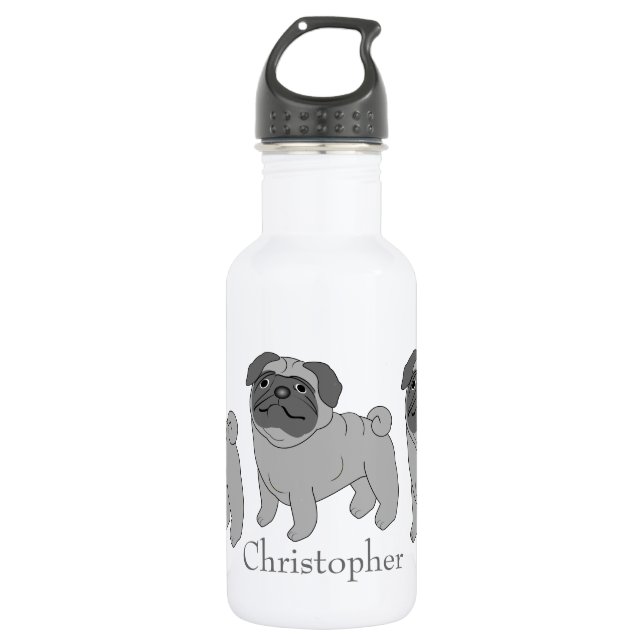Grey Pug Dog Design Personalised Stainless Steel Water Bottle (Front)