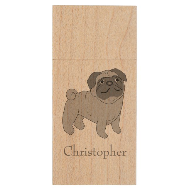 Grey Pug Dog Design Personalised Wood USB Flash Drive (Back (Vertical))