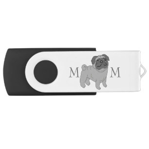 Grey Pug Dog Monogrammed USB Flash Drive