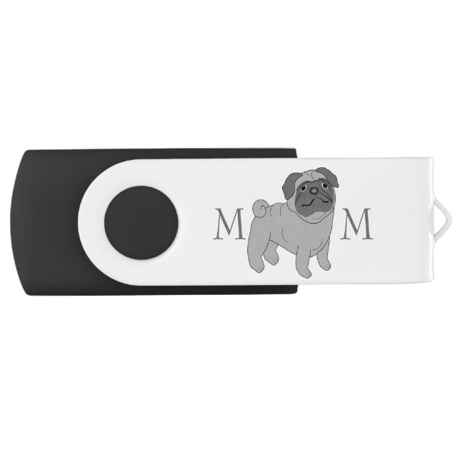 Grey Pug Dog Monogrammed USB Flash Drive (Front)