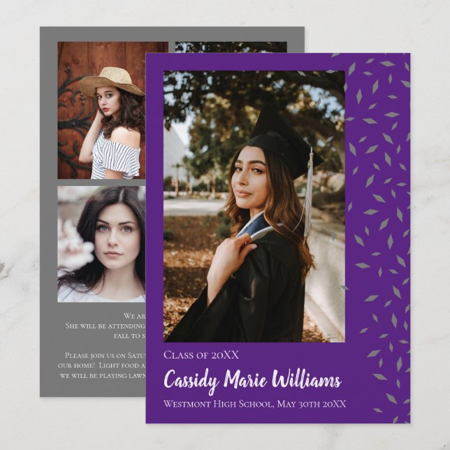 Grey Purple Confetti Graduation Announcement (Front/Back)