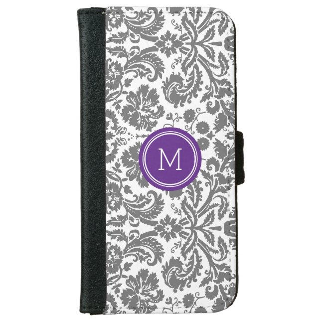Grey Purple Damask Pattern Monogram iPhone Wallet Case (Front)