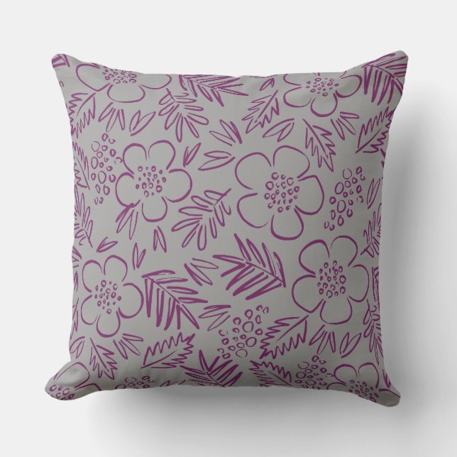 Grey Purple Floral Pattern Throw Pillow (Front)
