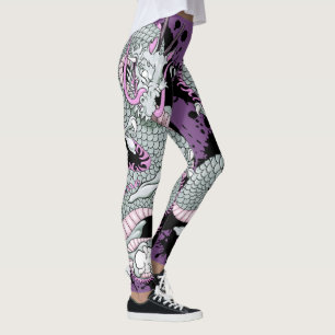 Grey Purple Japanese Tattoo Dragon Illustration Leggings