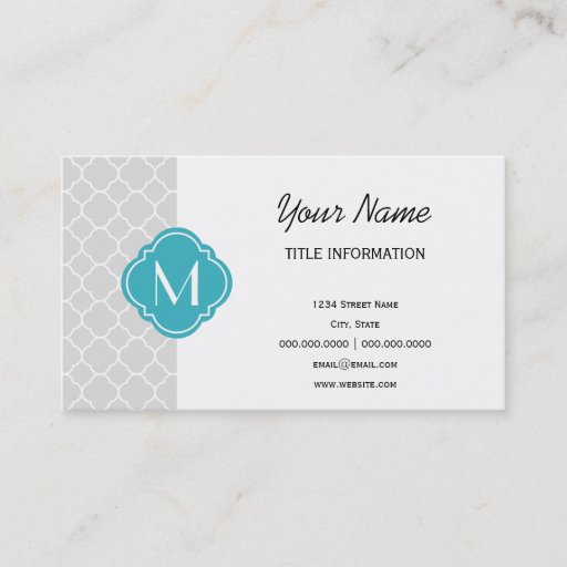 Customizable Grey Quatrefoil Pattern with Monogram Business Card Templates