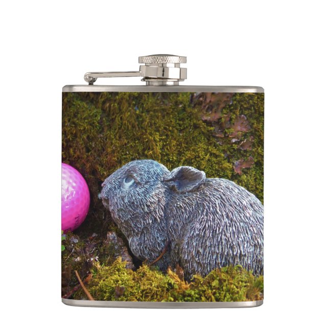 Grey rabbit / bunny and pink golf ball flask (Front)