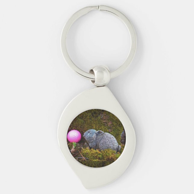 Grey rabbit / bunny and pink golf ball keychain (Front)