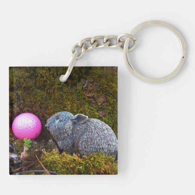 Grey rabbit / bunny and pink golf ball keychain (Back)
