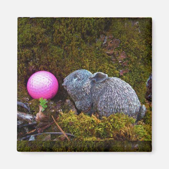 Grey rabbit / bunny and pink golf ball magnet (Front)