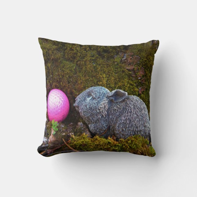 Grey rabbit / bunny and pink golf ball throw pillow (Front)