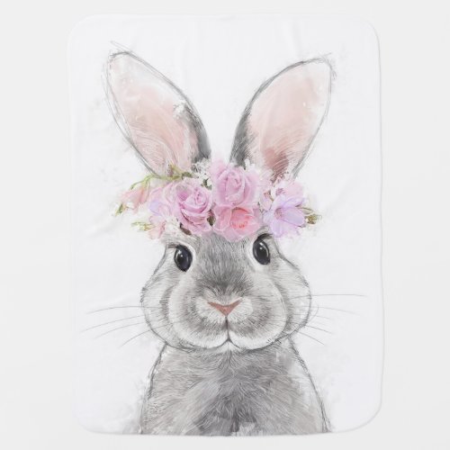 Grey Rabbit with Flower Crown Portrait Baby Blanket