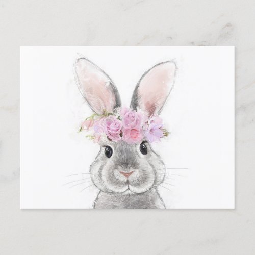 Grey Rabbit with Flower Crown Portrait Postcard